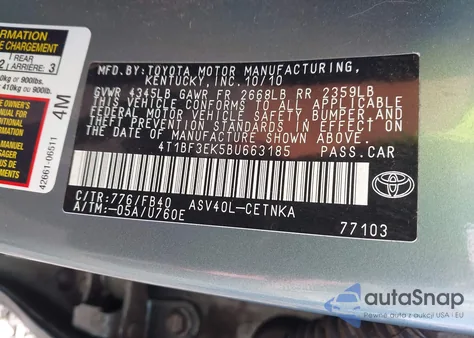 2011 Toyota Camry Le из США, поврежденный, VIN 4T1BF3EK5BU663185